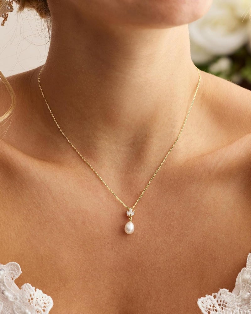 VRIUA Pearl Necklaces for Women - 14k Gold Plated Dainty Pearl Necklace with CZ Diamond Minimalist Wedding Bridal Jewelry Gift for Her - Image 2